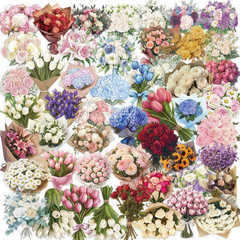 50Pcs Transparent Flower Bouquet Sticker Waterproof Vinyl Aesthetic Clear Floral