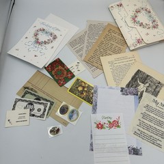Vintage Ephemera Junk Journal Kit Craft -Supplies Fabric Buttons Cards Paper Mix