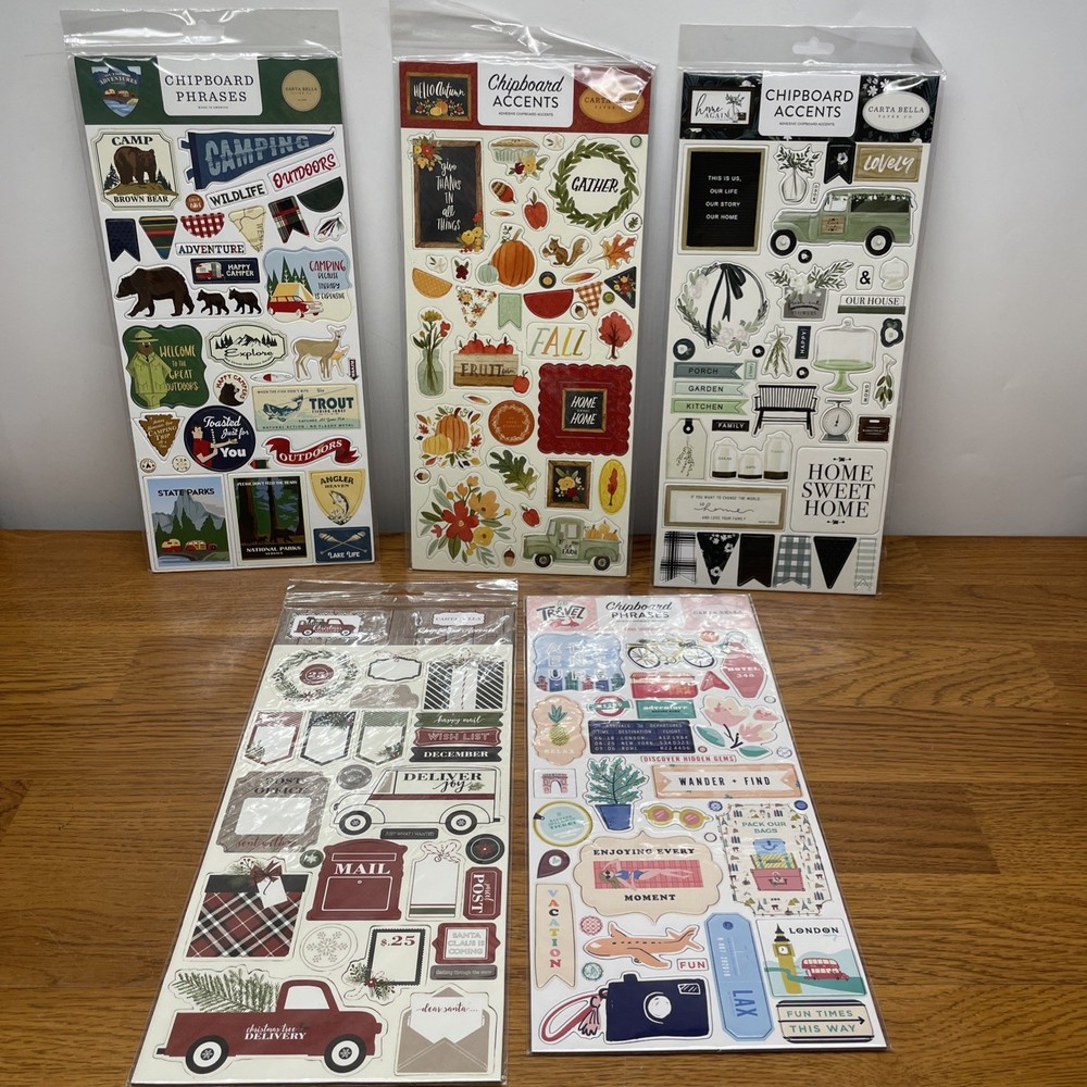 Lot of 5 Carta Bella Paper 6×13 Sheet of Chipboard Accents Hello Autumn, Travel