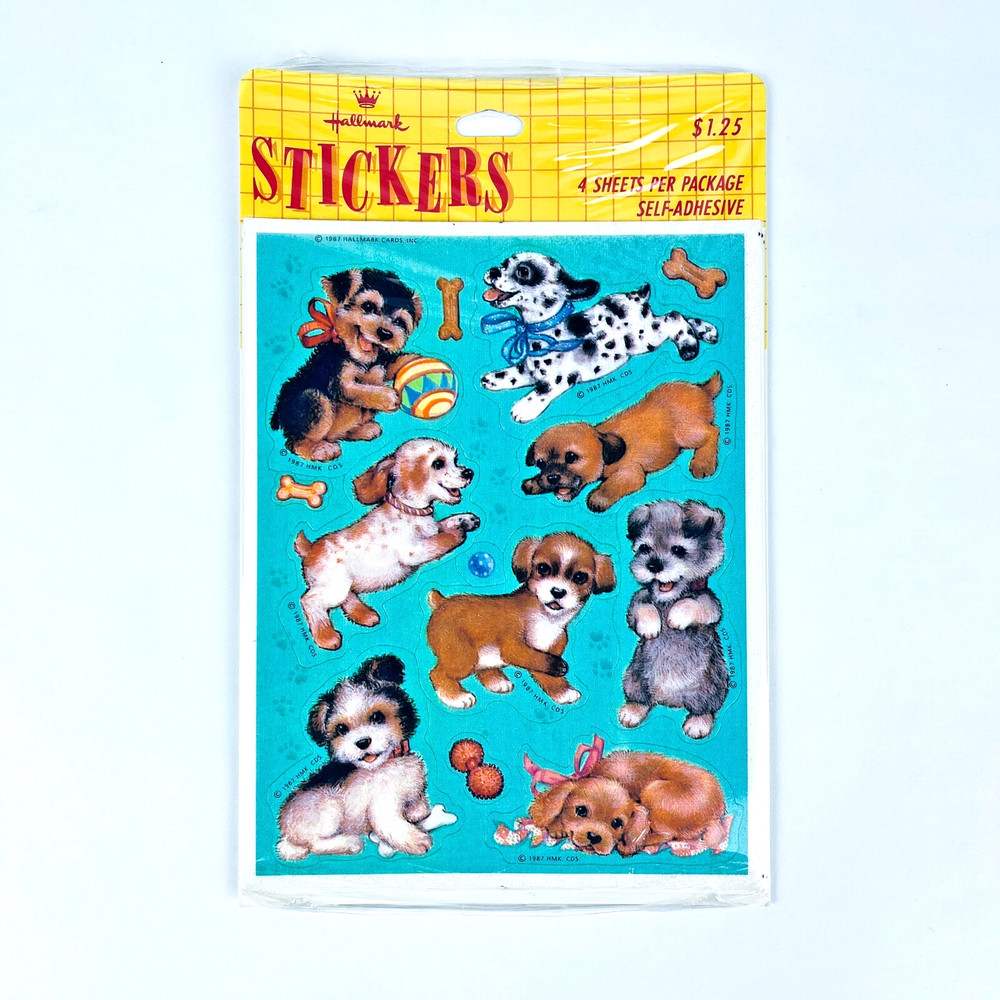 Vintage 1987 Hallmark Stickers Puppies & Dogs – 4 Sheets 48 Count NEW SEALED
