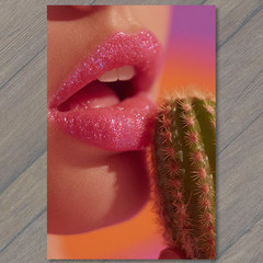 STICKER Glitter Lips Touching Cactus Surreal Funny Pop Art Bright Color Card