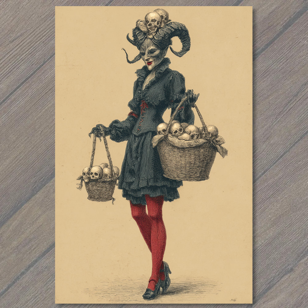 STICKER Horned Woman Carrying Skulls Dark Gothic Red Stockings Fantasy Macabre