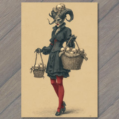 STICKER Horned Woman Carrying Skulls Dark Gothic Red Stockings Fantasy Macabre