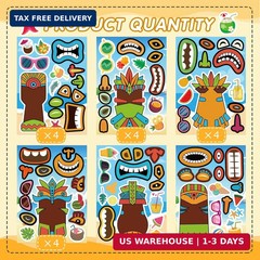 24 Sheets Summer Stickers, Make a Tiki Face Sticker, Tropical Hawaiian Stickers