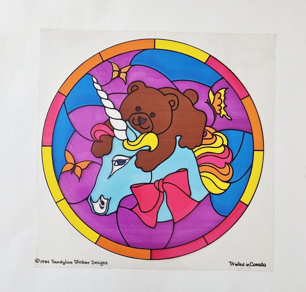 Vtg 80s Sandylion Sticker Unicorn Teddy Bear 1984 Jumbo Stained Glass Transparen