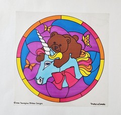 Vtg 80s Sandylion Sticker Unicorn Teddy Bear 1984 Jumbo Stained Glass Transparen