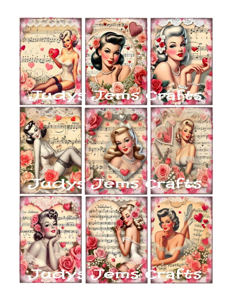 (9) Vintage Valentines Day Pinup Collage Glossy Stickers~Scrapbook~Labels~#306S