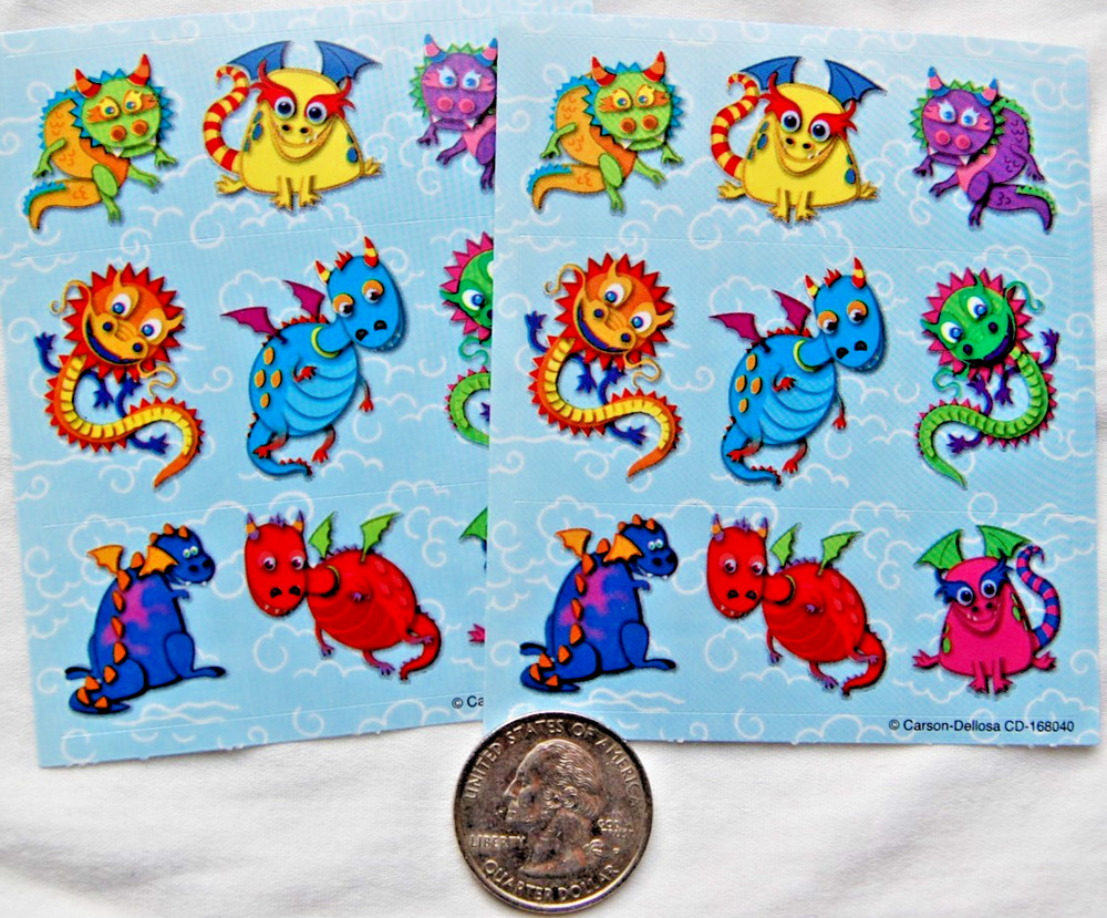 set 2 small Carson-Dellosa DRAGON stickers cartoon funny wings horn flying