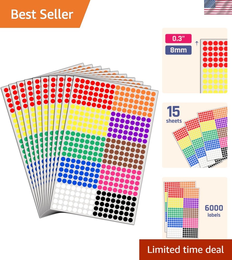 6000 Pack, 1/4″ Small Colored Dot Stickers Round Labels – 10 Colors