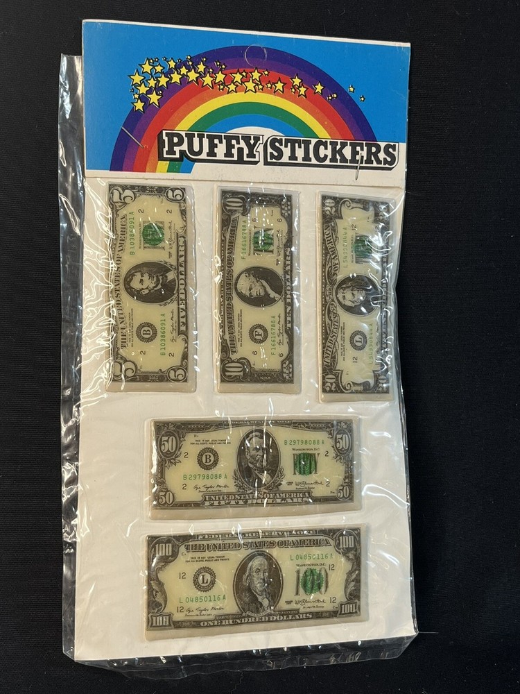 Vtg 80’s Puffy Stickers Play Money Dollar Bills Old Cash Design NEW Presidents