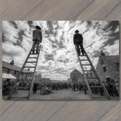 STICKER Men Standing Ladders Black White Vintage Town Surreal Cloud Crowd Scen
