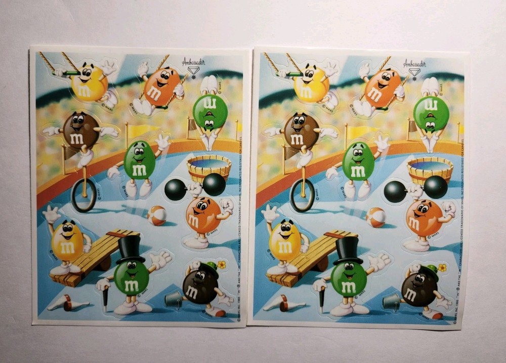 Vintage Ambassador M & M Stickers LOT 2 Sheets 1986 Green Yellow Orange Candy