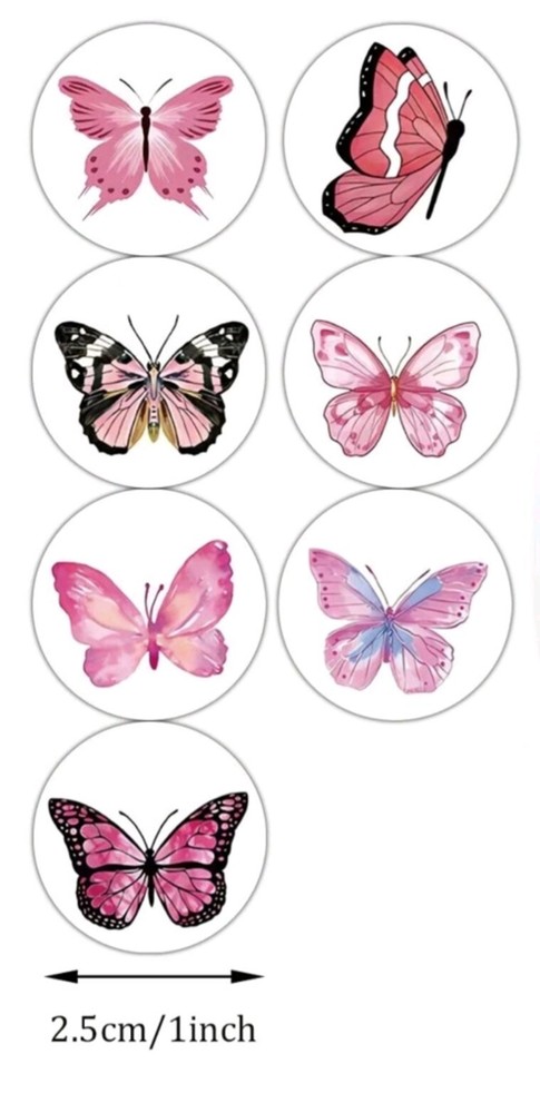 500 pcs Sticker Seals Roll Pastel Pink Butterfly Semi Gloss Self Adhesive NEW