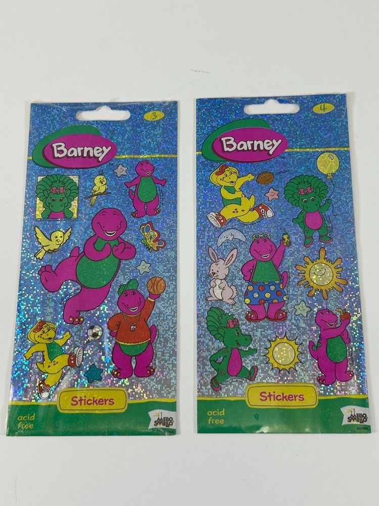 2 Barney Holographic Glitter Sticker Sheets Babybop & BJ Mello Smello 1997 NOS