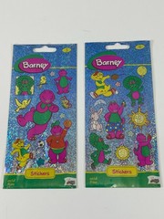 2 Barney Holographic Glitter Sticker Sheets Babybop & BJ Mello Smello 1997 NOS