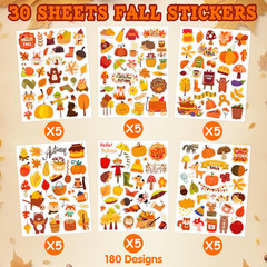 30 Sheets Fall Stickers for Kids, 900 PCS Autumn Leaves Pumpkin Thanksgiving Sti