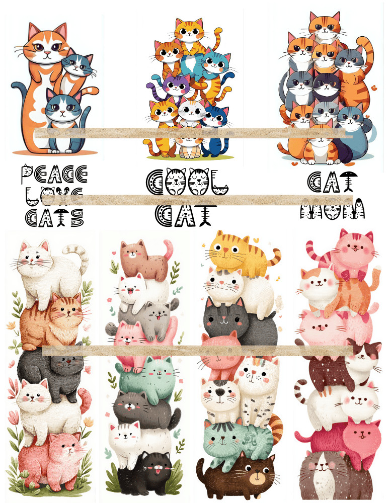 Cute Stacked Cats Card Toppers Supply Scrapbook Junk Journal Feline Cat Crafts