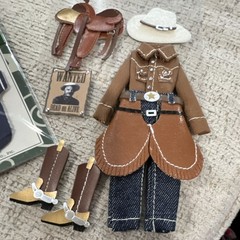 Western Doll Outfit Set w/ Hat Pants Coat/Jacket Belt Saddle, Brown/Blue/White