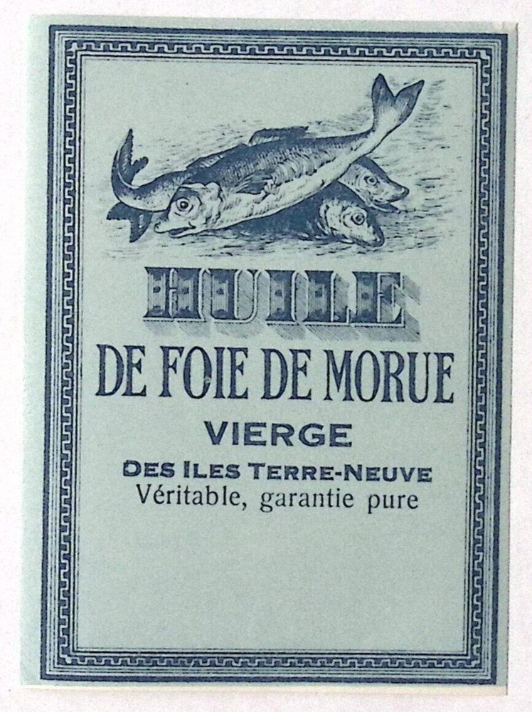 c1910s Cod Liver Oil FRENCH Label Huile de Foie de Morue FISH 4.25″H LOT OF 3