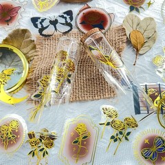 50 Pcs Gold-Stamped Vintage Roses Stickers for Scrapbooking, Transparent Stic…