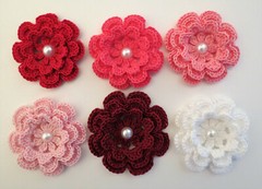 Crochet Flower Layered w/pearl Appique Cardmaking Crafts Scrapbook 6Pc Pink Red