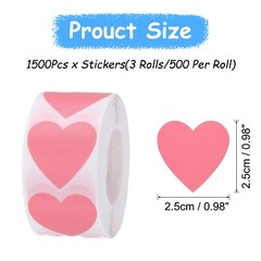 3 Roll 1500 Pcs Pink Heart Stickers 1 Inch Cute Heart Shaped Sticker Labels