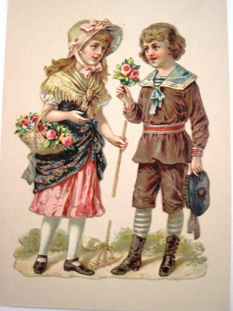 Sweet 1800’s Die Cut of Boy Handing Girl A small Bouquet of Two Pink Rose *