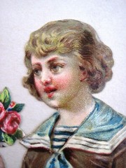 Sweet 1800’s Die Cut of Boy Handing Girl A small Bouquet of Two Pink Rose *