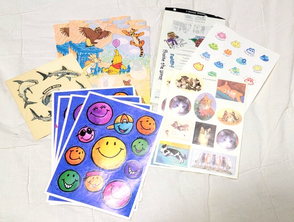 16 Piece Stickers Whinnie the Pooh Cats Smiley Fish Sharks Scrapbook Art Crafts