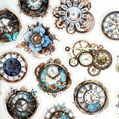 Clock Gear Washi Paper Flake Stickers Junk Journal Collage Scrapbooking