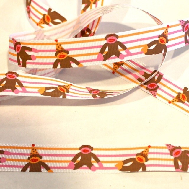 GIRL SOCK MONKEY RIBBON EYELET OUTLET 1 YARD PINK STRIPES