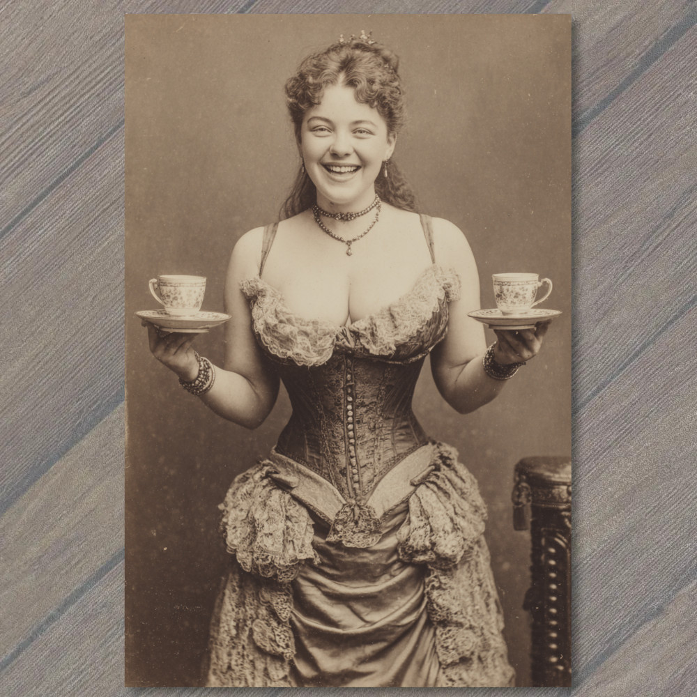 STICKER Victorian Woman Corset Holding Tea Cups Sepia Antique Humor