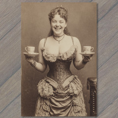 STICKER Victorian Woman Corset Holding Tea Cups Sepia Antique Humor