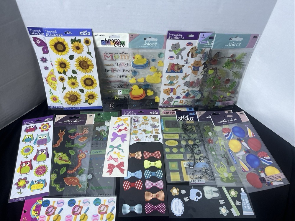 18 Sheets Of Mixed Everyday Stickers Sticko Jolee’s Nature Sports Phrases Pets