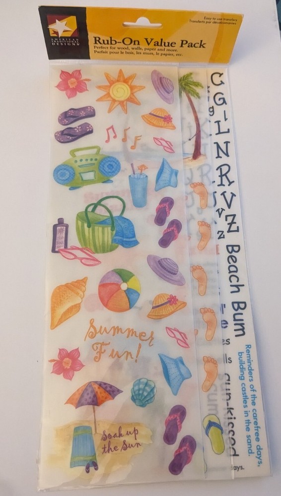 American Traditional Design Rub-On SUN SAND Transfers Beach Items Shell NEW