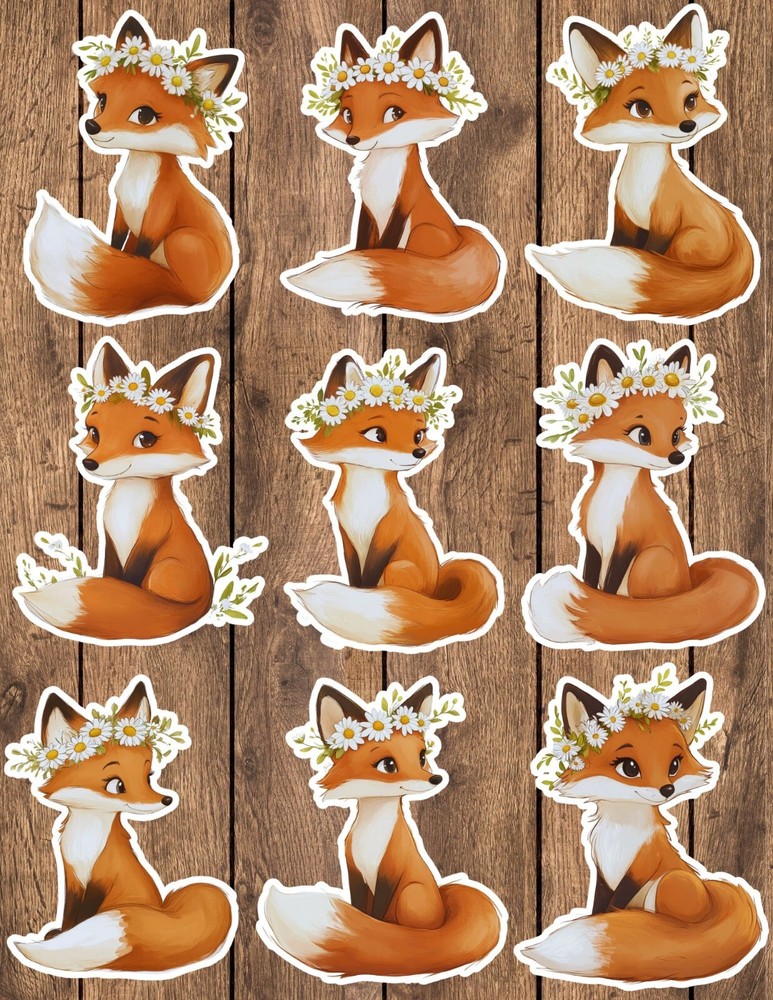 Fox With Daisy Crown Die Cut Vinyl Stickers Set Scrapbooking Laptop Waterbottle