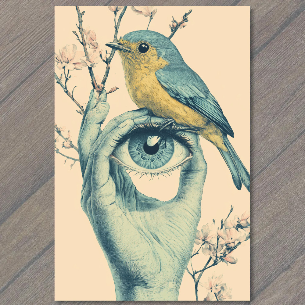 STICKER Surreal Gothic Blue Bird Eye Held Human Palm Spooky Weird Dark Fantasy