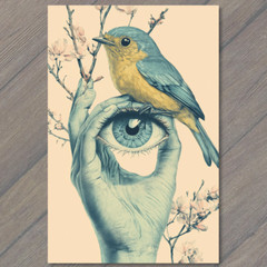 STICKER Surreal Gothic Blue Bird Eye Held Human Palm Spooky Weird Dark Fantasy