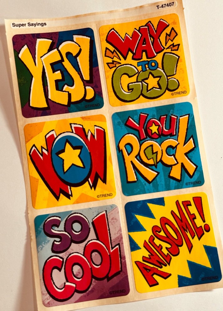 Vintage Sticker Sheet SUPER Sayings YES! Way to Go! Wow You Rock So Cool Awesome
