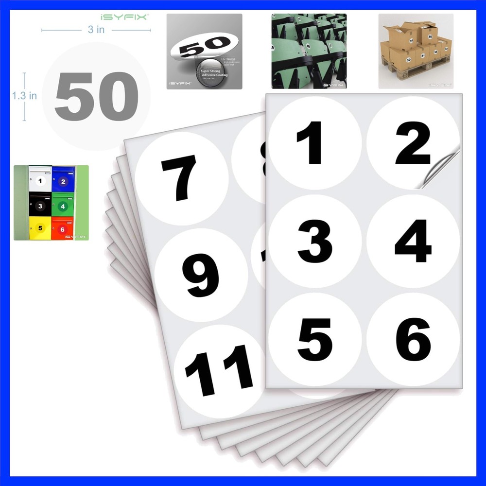 White Consecutive Number Stickers – 1 to 50, 3-inch, 1 set – Vinyl Self Adhes…