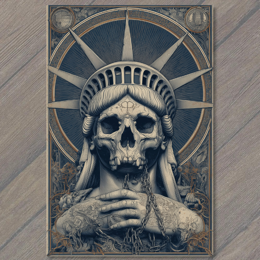 STICKER Statue Liberty Skull Chains Gothic Gold Horror USA Emblem Dark