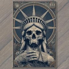 STICKER Statue Liberty Skull Chains Gothic Gold Horror USA Emblem Dark