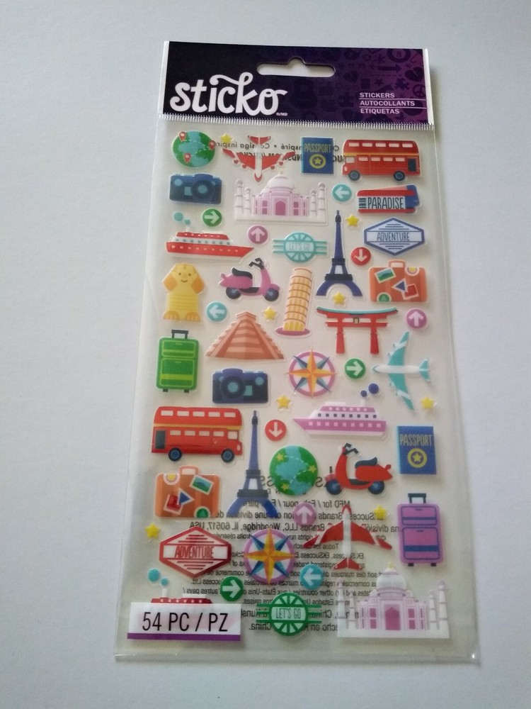 Scrapbooking Stickers Sticko Mini Travel Icons International Eiffel Bus Scooter