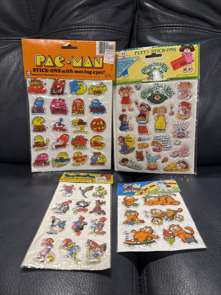 Vintage puffy stickers unopened-PAC-MAN,Cabbage Patch,Woody Woodpecker,Garfield