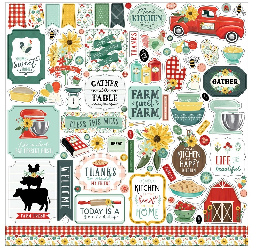 (1) 12×12 Sheet Carta Bella Paper SUNFLOWER MARKET Scrapbook Element Stickers