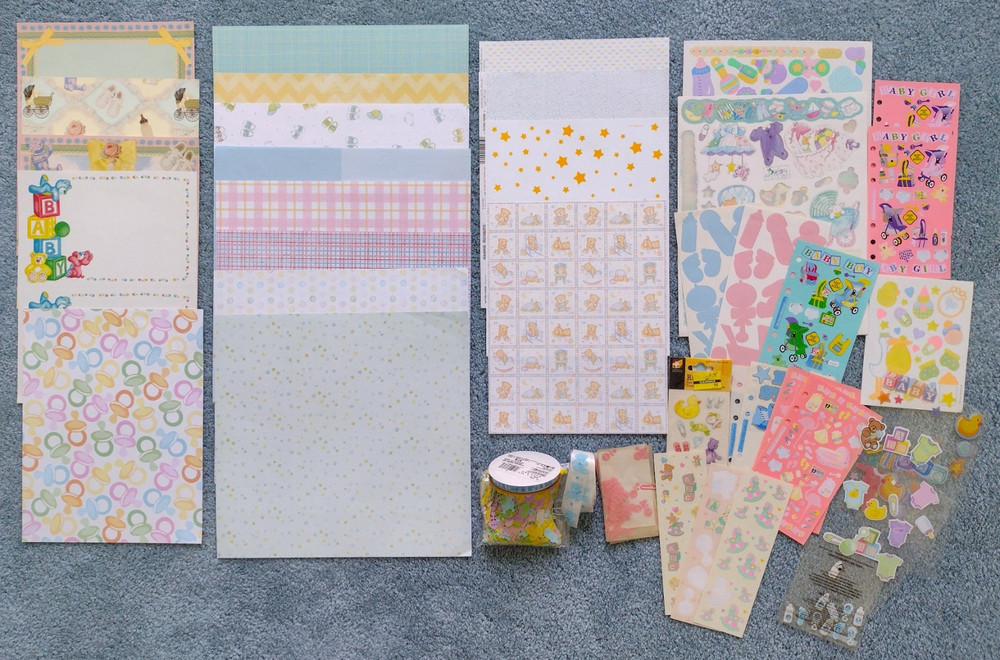 Lot of Baby Paper, Stickers, Ribbon for Card Making Scrapbooking Journaling
