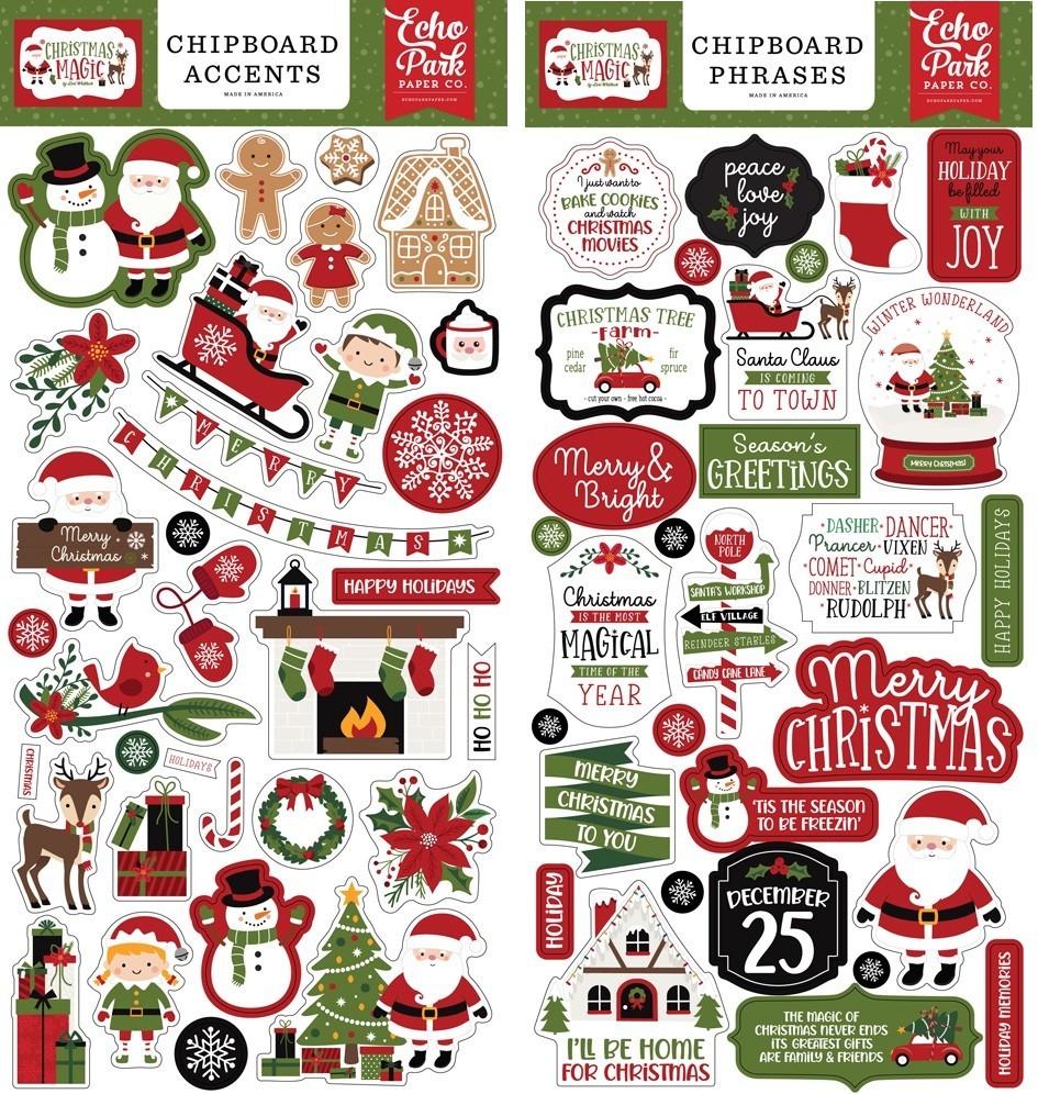 Echo Park CHRISTMAS MAGIC (2) 6″x13″ Chipboard COMBO Accents + Phrases