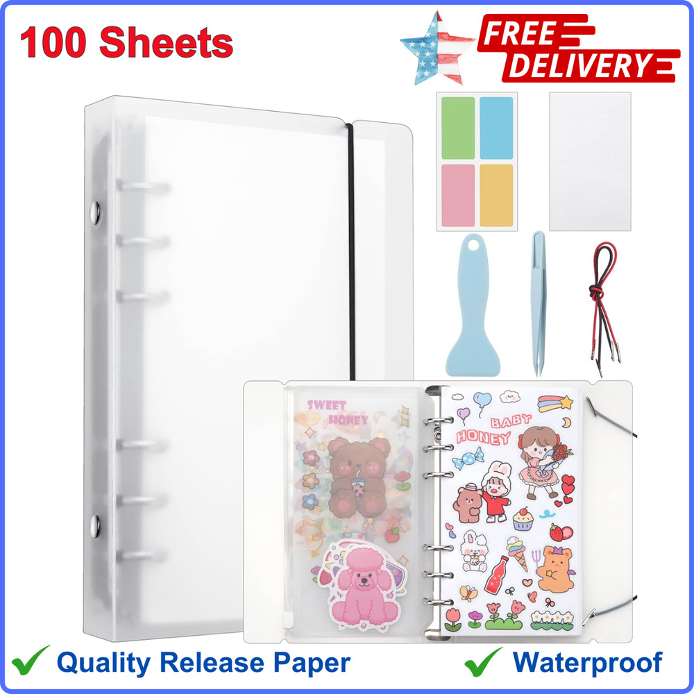 100 Sheets Reusable Sticker Album with Pockets, Book with Tweezer & Spatula (A6)
