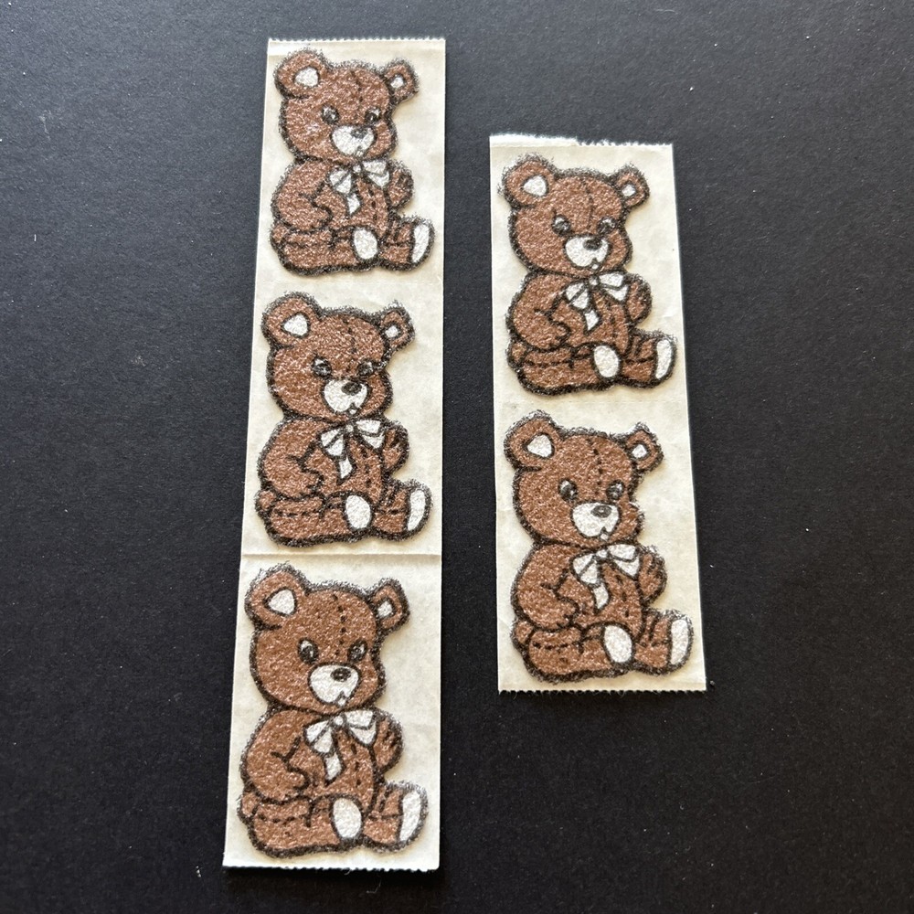 Lot Of 5 Vintage 1980’s Soft Fuzzy Teddy Bear 2” Sticker Brown White Bow Tie