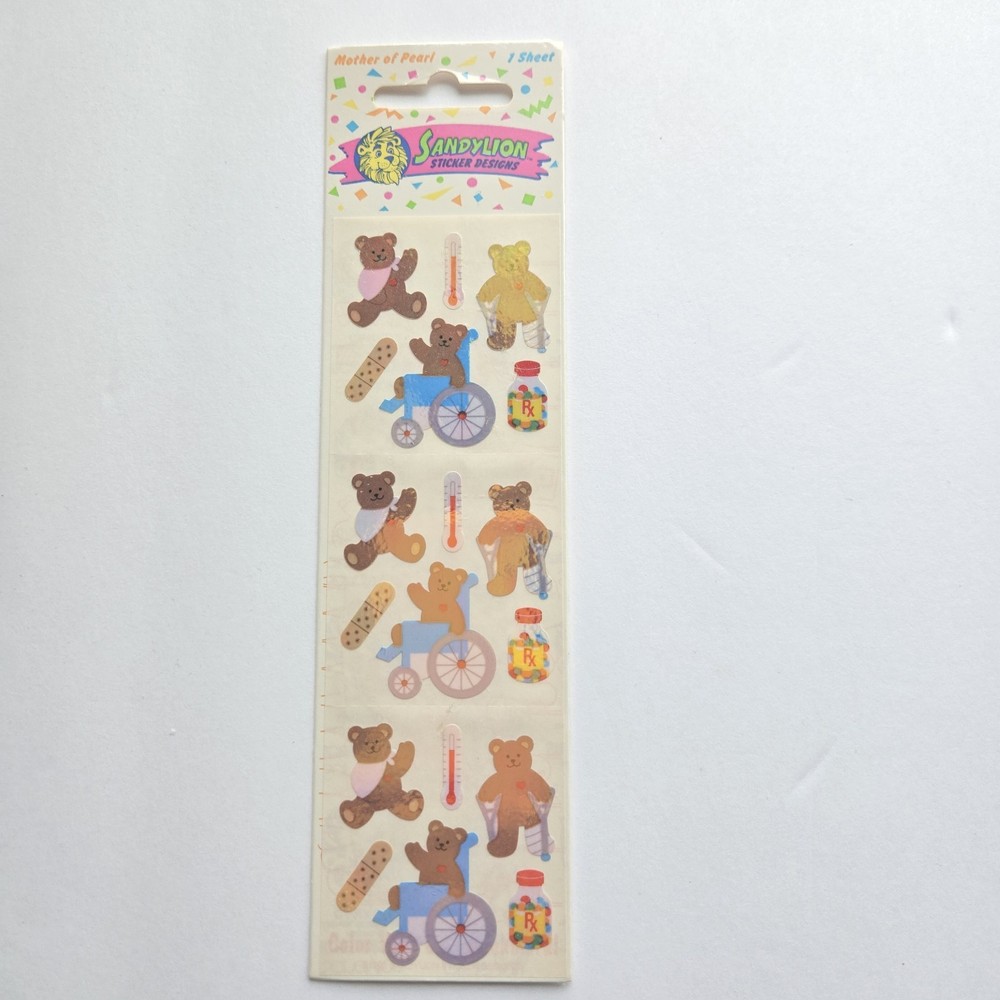 VTG Sandylion Sticker Designs Bears Hurt Wheelchair Mother Of Pearl 1990 NIP